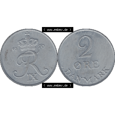 Alte Münze aus Dänemark als PNG-Grafik 1948-1972, 2 Öre 1970-01. Vorderseite und Rückseite horizontal auf einen digitalen Bild der alten dänischen Umlaufmünze... Sammlung