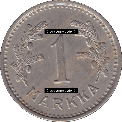 Alte Münzen KMS Finnland, Kursmünzensatz in PNG Design einer finnischen Münze 1928-1940, 1 finnische Mark, Markka 1932. Rückseite mit Wert-Zahl bzw.... Sammlung
