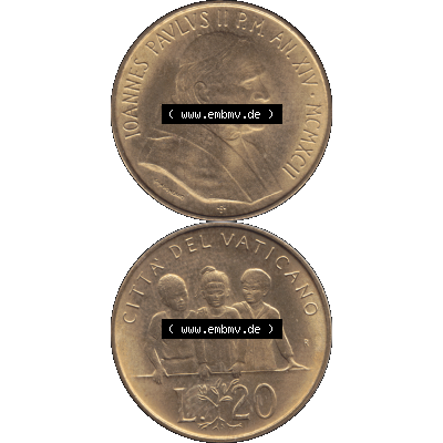 Alte Münze aus der Vatikanstadt / Vatikan als PNG-Grafik 1992-1992, 20 Lire Papst Giovanni Paolo II. 1992-01. Vorderseite und Rückseite vertikal auf einen digitalen Bild... Sammlung