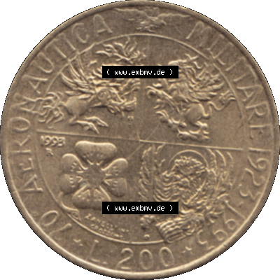 Bildmaterial einer Münze aus Italien / Italia als PNG-Grafik 1993-1993, 200 Lire Militärischen Luftfahrt 1993-01. Rückseite einer alten italienischen 200 Lire Gedenkmünze,... Sammlung