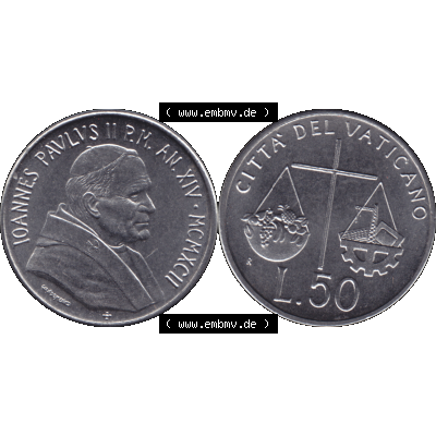 Alte Münze aus der Vatikanstadt / Vatikan als PNG-Grafik 1992-1992, 50 Lire Papst Giovanni Paolo II. 1992-01. Vorderseite und Rückseite horizontal auf einen digitalen... Sammlung