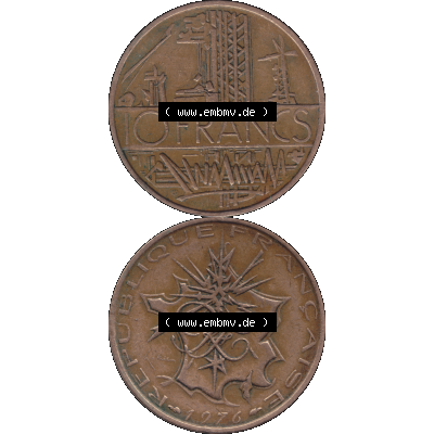 Münzen Frankreich Umlaufmünze 1974-1987, 10 Franken-Francs 1976-01. Vorderseite und Rückseite vertikal auf einen digitalen Bild der alten französischen Umlaufmünze... Sammlung