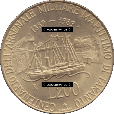Bildmaterial einer Münze aus Italien / Italia als PNG-Grafik 1989-1989, 200 Lire Marinebasis Tarent 1989-01. Rückseite einer alten italienischen 200 Lire Gedenkmünze,... Sammlung