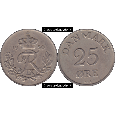 Alte Münze aus Dänemark als PNG-Grafik 1948-1960, 25 Öre 1950-01. Vorderseite und Rückseite horizontal auf einen digitalen Bild der alten dänischen Umlaufmünze... Sammlung