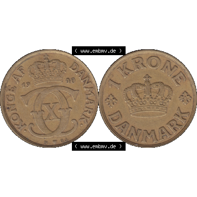 Alte Münze aus Dänemark als PNG-Grafik 1924-1941, 1 Krone 1940-01 Kursmünze. Vorderseite und Rückseite horizontal auf einen digitalen Bild der alten dänischen Umlaufmünze... Sammlung