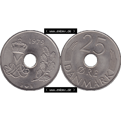 Alte Münze aus Dänemark als PNG-Grafik 1973-1988, 25 Öre 1979-01. Vorderseite und Rückseite horizontal auf einen digitalen Bild der alten dänischen Umlaufmünze... Sammlung