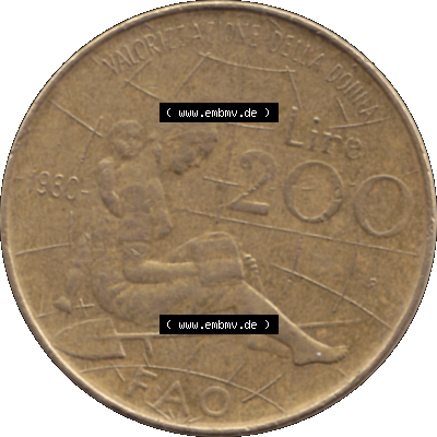 Bildmaterial einer Münze aus Italien / Italia als PNG-Grafik 1980-1980, 200 Lire FAO - Internationales Jahr der Frau 1980-01. Rückseite einer alten italienischen 200 Lire Gedenkmünze,... Sammlung