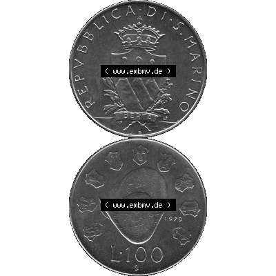 Bildmaterial Münzensatz / KMS 1979 aus San Marino in Graustufen 1979-1979, 100 Lire, J.P. LIBERTAS REPVBBLICA DI S. MARINO L.100 Graustufen. PNG... Sammlung
