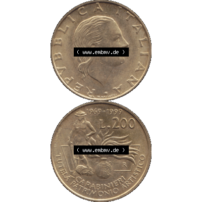 Bildmaterial einer Münze aus Italien / Italia als PNG-Grafik 1999-1999, 200 Lire Carabinieri, Schutz der Kunsterbe 1999-01. Vorderseite und Rückseite vertikal untereinander... Sammlung
