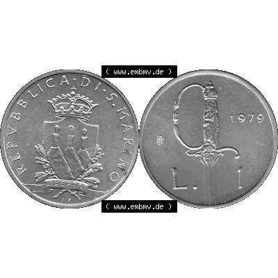 Bildmaterial Münzensatz / KMS 1979 aus San Marino in Graustufen 1979-1979, 1 Lira, 1 Lire, J. V. LIBERTAS REPVBBLICA DI S. MARINO, 1979 L.1... Sammlung
