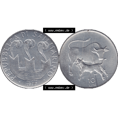 Bildmaterial in PNG-Grafiken Münzensatz / KMS 1972 aus San Marino 1972-1972, Münze 10 Lire 1972, MONASSI REPUBBLICA DI SAN MARINO, 10 LIRE. Die digitalisierte Münze... Sammlung