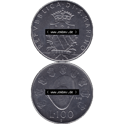 Bildmaterial Münzensatz / KMS 1979 aus San Marino im PNG-Format 1979-1979, 100 Lire, J.P. LIBERTAS REPVBBLICA DI S. MARINO L.100. Vorderseite und... Sammlung