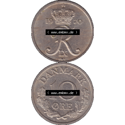 Alte Münze aus Dänemark als PNG-Grafik 1960-1972, 10 Öre 1970-02. Vorderseite und Rückseite vertikal auf einen digitalen Bild der alten dänischen Umlaufmünze... Sammlung