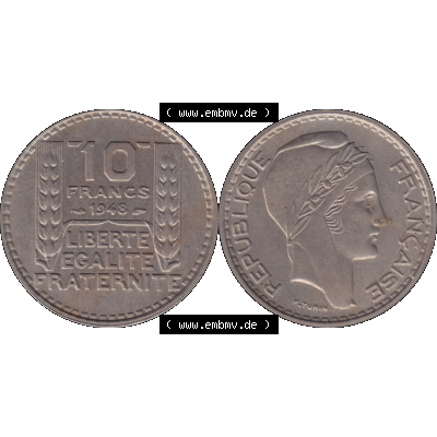 Münzen Frankreich Umlaufmünze in PNG einer Münze aus Frankreich 1947-1949, 10 Francs, Franken 1948-01. Vorderseite und Rückseite horizontal auf einen digitalen Bild... Sammlung