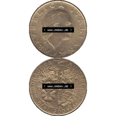 Bildmaterial einer Münze aus Italien / Italia als PNG-Grafik 1993-1993, 200 Lire Militärischen Luftfahrt 1993-01. Vorderseite und Rückseite vertikal untereinander auf einen... Sammlung