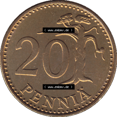 Alte Münzen KMS Finnland, Kursmünzensatz 1976 in Stempelglanz als digitales Computerbild in transparenten PNG 1963-1990, 20 Penny Penniä 1976-1, SUOMEN TASAVALTA.... Sammlung