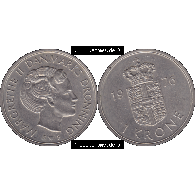 Alte Münze aus Dänemark als PNG-Grafik 1973-1989, 1 Krone 1976-01. Vorderseite und Rückseite horizontal auf einen digitalen Bild der alten dänischen Umlaufmünze aus... Sammlung