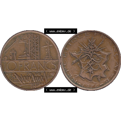 Münzen Frankreich Umlaufmünze 1974-1987, 10 Franken-Francs 1976-01. Vorderseite und Rückseite horizontal auf einen digitalen Bild der alten französischen Umlaufmünze... Sammlung