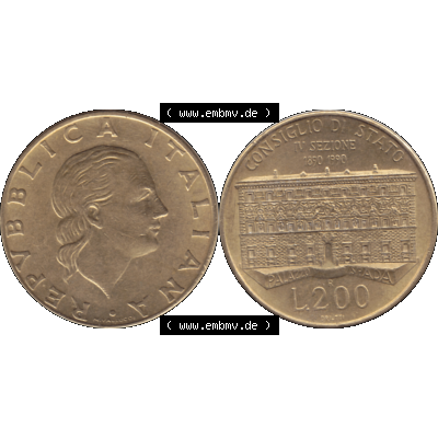 Bildmaterial einer Münze aus Italien / Italia als PNG-Grafik 1990-1990, 200 Lire Gründung von Staatsrat 1990-01. Vorderseite und Rückseite horizontal auf einen digitalen... Sammlung
