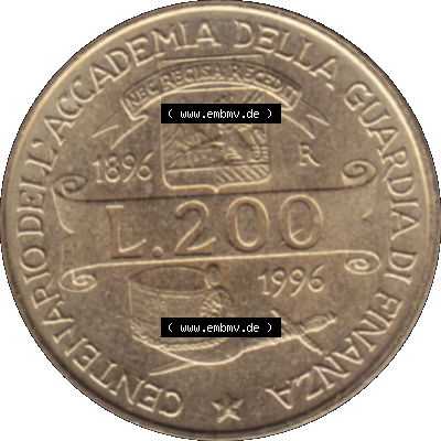 Bildmaterial einer Münze aus Italien / Italia als PNG-Grafik 1996-1996, 200 Lire Zollakademie 1996-01. Rückseite einer alten italienischen 200 Lire Gedenkmünze, Münze... Sammlung
