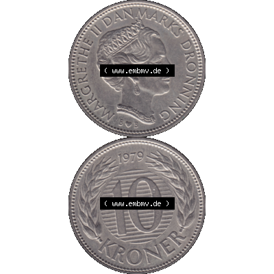 Alte Münze aus Dänemark als PNG-Grafik 1979-1988, 10 Kronen 1979-01. Vorderseite und Rückseite vertikal auf einen digitalen Bild der alten dänischen Umlaufmünze aus... Sammlung