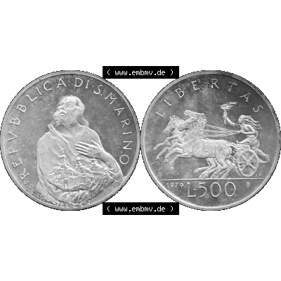 Bildmaterial Münzensatz / KMS 1979 aus San Marino in Graustufen 1979-1979, 500 Lire, Silbermünze J.P. REPVBBLICA DI SAN MARINO, 1979 J.P. L.500... Sammlung
