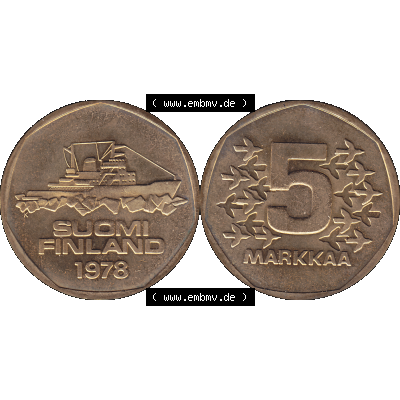 Alte Münzen KMS Finnland, Kursmünzensatz 1978 in Stempelglanz als digitales Computerbild einer finnischen digitalisierten Münze in transparenten PNG 1972-1978, 5 finnische Mark,... Sammlung