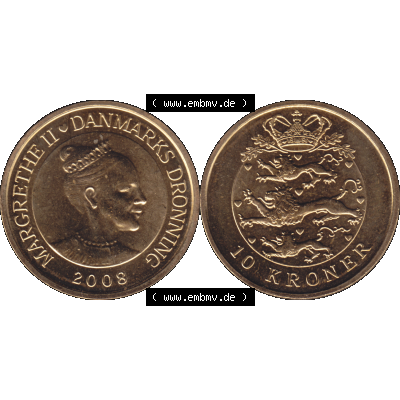 Münze aus Dänemark als PNG-Grafik 2004-2010, 10 Kronen 2008-01. Vorderseite und Rückseite horizontal auf einen digitalen Bild der dänischen Umlaufmünze aus Dänemark... Sammlung