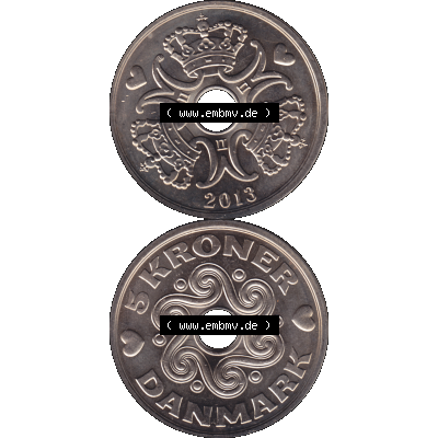 Münze aus Dänemark als PNG-Grafik 1990-2023, 5 Kronen 2013-01. Vorderseite und Rückseite vertikal auf einen digitalen Bild der dänischen Umlaufmünze aus Dänemark... Sammlung