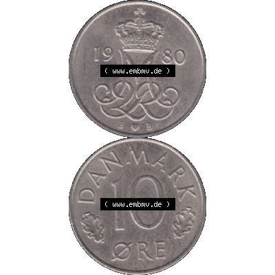 Alte Münze aus Dänemark als PNG-Grafik 1973-1988, 10 Öre 1980-01. Vorderseite und Rückseite vertikal auf einen digitalen Bild der alten dänischen Umlaufmünze... Sammlung