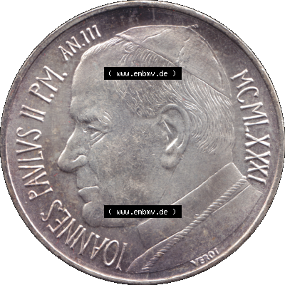 Alte Münze aus der Vatikanstadt / Vatikan als PNG-Grafik 1981-1981, 500 Lire Silbermünze Papst Johannes Paul II. 1981-01. Vorderseite der alten vatikanischen Umlaufmünze... Sammlung