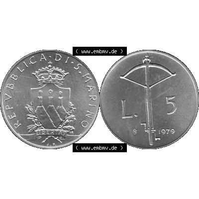 Bildmaterial Münzensatz / KMS 1979 aus San Marino in Graustufen 1979-1979, 5 Lire, LIBERTAS REPVBBLICA DI S. MARINO, 1979 L.5 Graustufen. PNG Computer-Grafik... Sammlung
