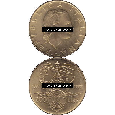 Bildmaterial einer Münze aus Italien / Italia als PNG-Grafik 1997-1997, 200 Lire Italienische Meeresliga 1997-01. Vorderseite und Rückseite vertikal untereinander auf einen digitalen... Sammlung