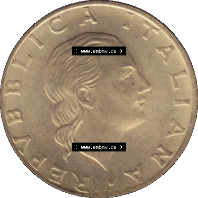 Bildmaterial einer Münze aus Italien / Italia als PNG-Grafik 1989-1989, 200 Lire Marinebasis Tarent 1989-01. Vorderseite einer alten italienischen 200 Lire Gedenkmünze,... Sammlung