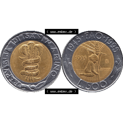 Gedenkmünzen aus San Marino, in PNG 1995-1995, 500 Lire F.A.O. 1995-01. Vorderseite und Rückseite horizontal auf einen digitalen Bild der alten Gedenkmünze... Sammlung