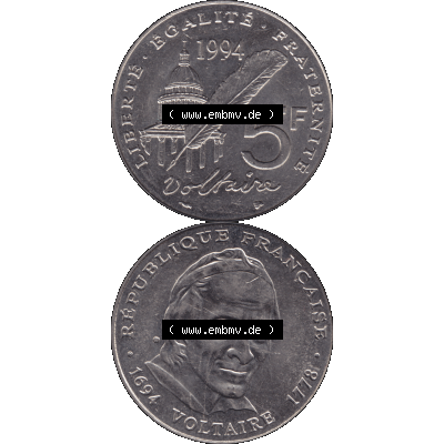 Münzen Frankreich Umlaufmünze 1994-1994, 5 Francs Liberte Egalite Fraternite 1994-01. Vorderseite und Rückseite vertikal auf einen digitalen Bild der alten französischen... Sammlung
