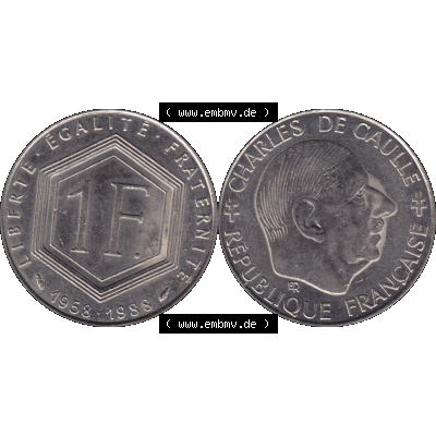 Münzen Frankreich Umlaufmünze 1988-1988, 1 Francs, Franken 1988-01. Vorderseite und Rückseite horizontal auf einen digitalen Bild der alten französischen Umlaufmünze... Sammlung
