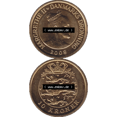 Münze aus Dänemark als PNG-Grafik 2004-2010, 10 Kronen 2008-01. Vorderseite und Rückseite vertikal auf einen digitalen Bild der dänischen Umlaufmünze aus Dänemark... Sammlung