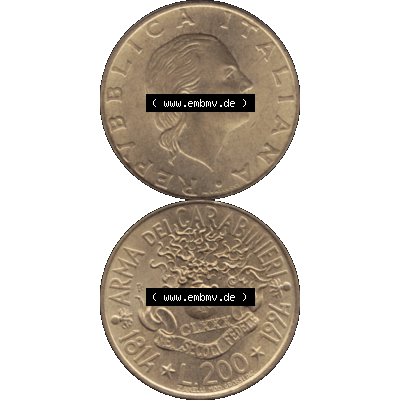 Bildmaterial einer Münze aus Italien / Italia als PNG-Grafik 1994-1994, 200 Lire 180 Jahre Carabinieri 1994-01. Vorderseite und Rückseite vertikal untereinander auf einen digitalen... Sammlung