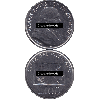 Alte Münze aus der Vatikanstadt / Vatikan als PNG-Grafik 1992-1992, 100 Lire Papst Giovanni Paolo II 1992-01. Vorderseite und Rückseite vertikal auf einen digitalen Bild der... Sammlung