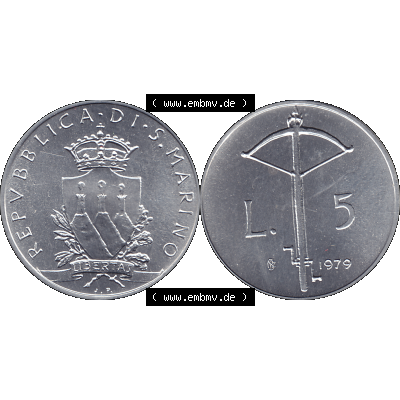 Bildmaterial Münzensatz / KMS 1979 aus San Marino im PNG-Format 1979-1979, 5 Lire, LIBERTAS REPVBBLICA DI S. MARINO, 1979 L.5. Vorderseite und Rückseite... Sammlung