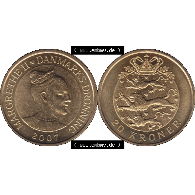 Münze aus Dänemark als PNG-Grafik 2003-2010, 20 Kronen 2007-01. Vorderseite und Rückseite horizontal auf einen digitalen Bild der dänischen Umlaufmünze aus Dänemark... Sammlung