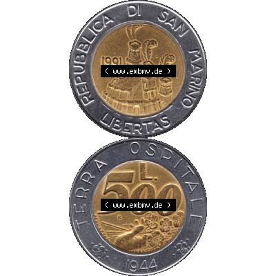 Gedenkmünzen aus San Marino, in PNG 1991-1991, 500 Lire Münze Terra Ospitale 1944 - Jahrgang 1991-01. Vorderseite und Rückseite vertikal auf einen digitalen Bild der alten... Sammlung