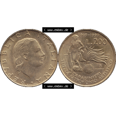 Bildmaterial einer Münze aus Italien / Italia als PNG-Grafik 1999-1999, 200 Lire Carabinieri, Schutz der Kunsterbe 1999-01. Vorderseite und Rückseite horizontal auf einen... Sammlung