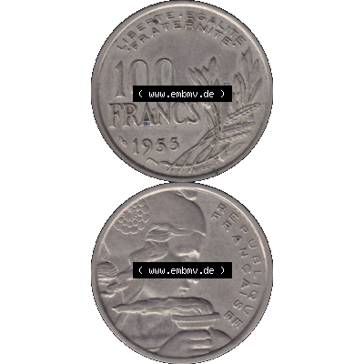 Münzen Frankreich Umlaufmünze 1954-1958; 100 Francs, Franken Typ I. 1955-01. Vorderseite und Rückseite vertikal auf einen digitalen Bild der alten französischen... Sammlung