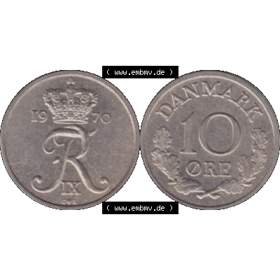 Alte Münze aus Dänemark als PNG-Grafik 1960-1972, 10 Öre 1970-01. Vorderseite und Rückseite horizontal auf einen digitalen Bild der alten dänischen Umlaufmünze... Sammlung