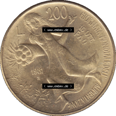 Bildmaterial einer Münze aus Italien / Italia als PNG-Grafik 1981-1981, 200 Lire FAO - Welternährungstag 1981-01. Rückseite einer alten italienischen 200 Lire Gedenkmünze,... Sammlung