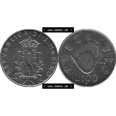 Bildmaterial Münzensatz / KMS 1979 aus San Marino in Graustufen 1979-1979, 100 Lire, J.P. LIBERTAS REPVBBLICA DI S. MARINO L.100 Graustufen. PNG... Sammlung