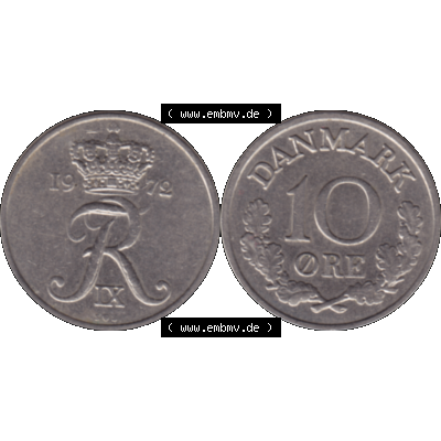 Alte Münze aus Dänemark als PNG-Grafik 1960-1972, 10 Öre 1972-01. Vorderseite und Rückseite horizontal auf einen digitalen Bild der alten dänischen Umlaufmünze... Sammlung