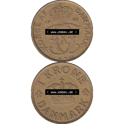 Alte Münze aus Dänemark als PNG-Grafik 1924-1941, 1 Krone 1940-01 Kursmünze. Vorderseite und Rückseite vertikal auf einen digitalen Bild der alten dänischen Umlaufmünze... Sammlung